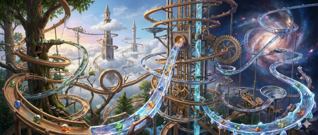 Wooden and glass marble run tracks spiralling through clouds, with glass marbles rolling along them.